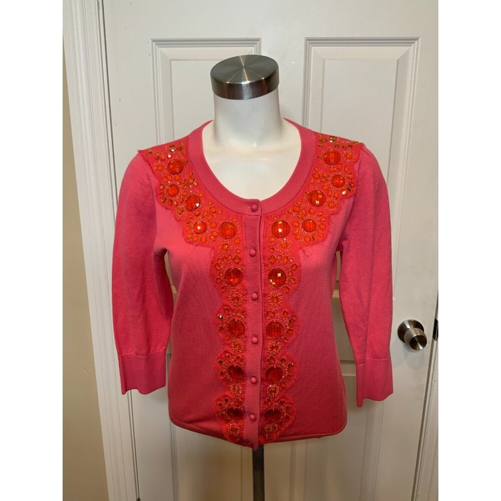 Kate Spade New York Pink Thin Knit Red Jewel Cardigan, Size M